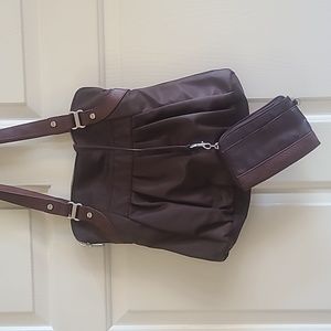 BAGGALLINI brown nylon and leather AUDREY pleated tote bag purse